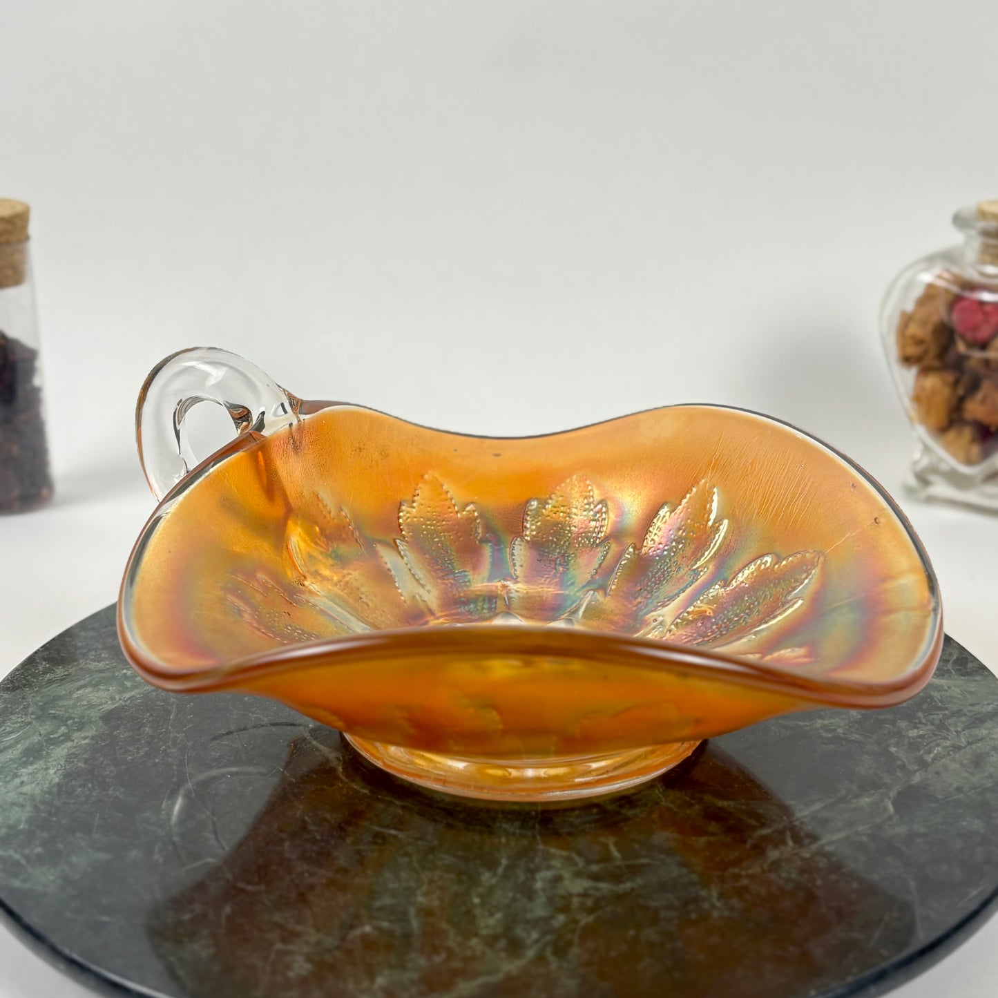 Antique Dugan Glass Leaf Ray Marigold Carnival Glass Nappy Dish |⋆˙⟡| Iridescent Handled Bowl, c. 1910