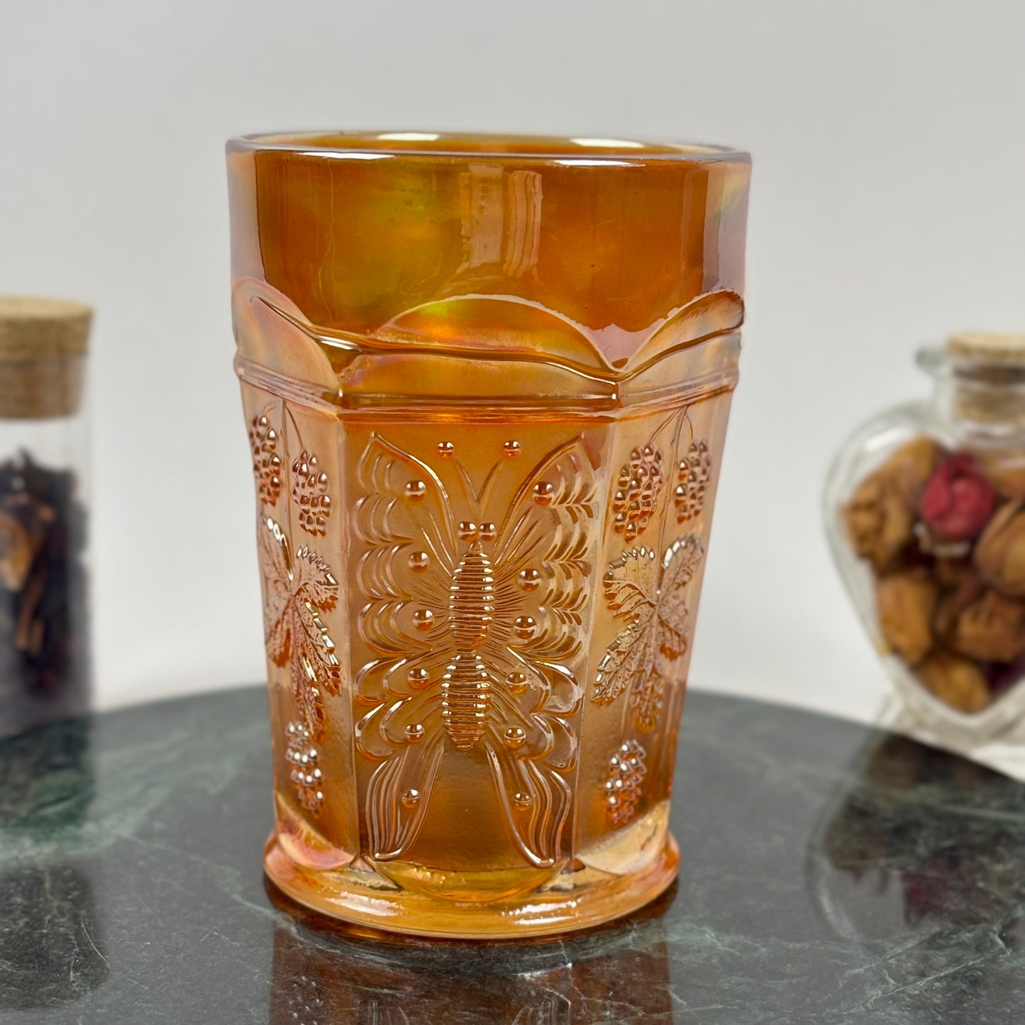 Antique Fenton Butterfly & Berry Marigold Carnival Glass Juice Tumbler |⋆˙⟡| c. 1911