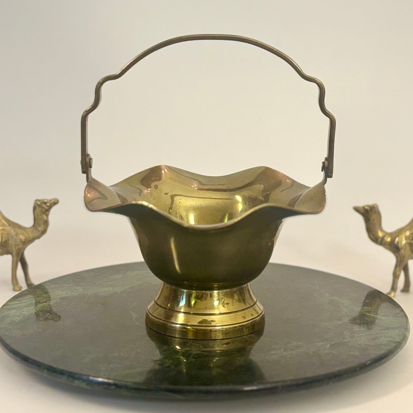 Vintage Interpur Brass Basket Bowl  |⋆˙⟡ |  Scalloped Pedestal Dish with Handle / Made in Taiwan