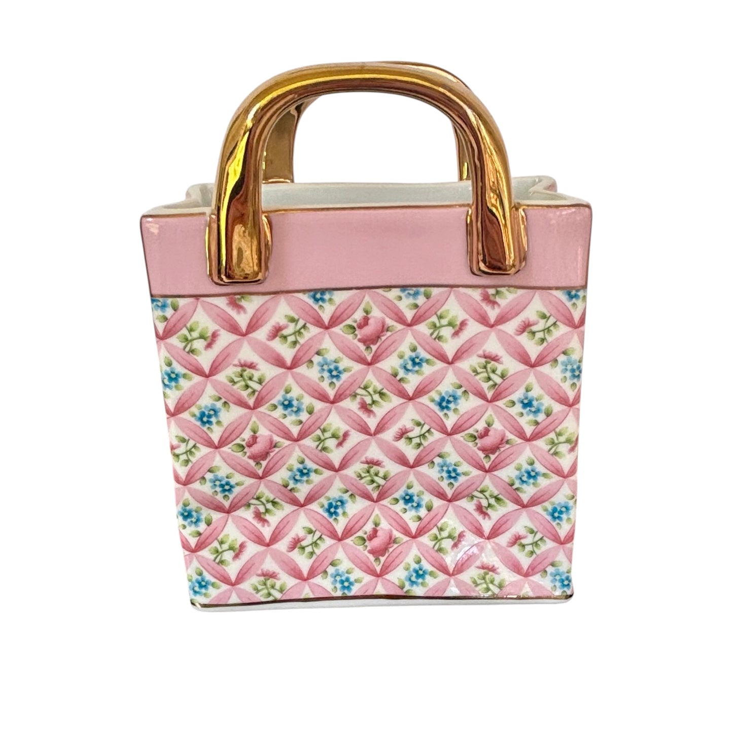 Porcelain Purse Planter / Vase |⋆˙⟡ | Pink Floral Lattice Gold Handle Vanity Decor
