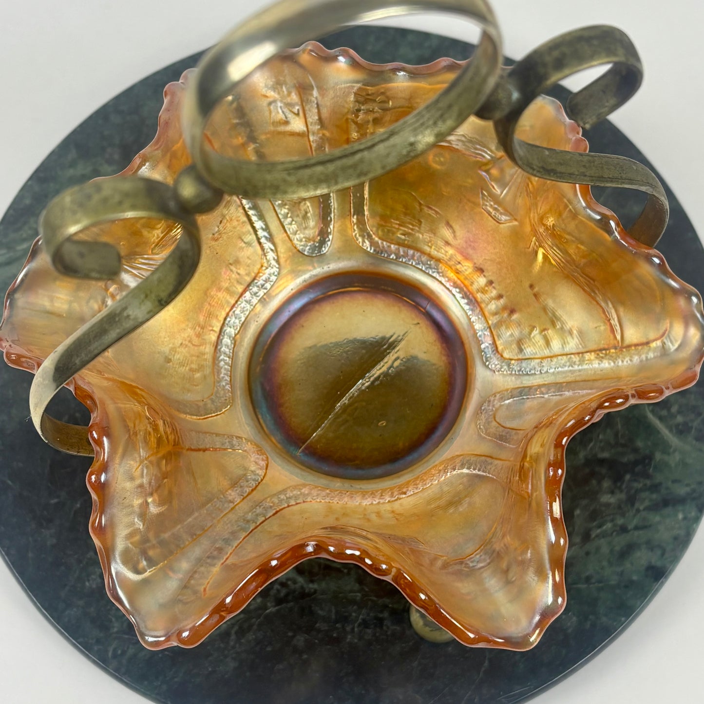 Antique Fenton Sailboats Marigold Carnival Glass Bowl |⋆˙⟡| with Brass Stand, c. Early 1900s