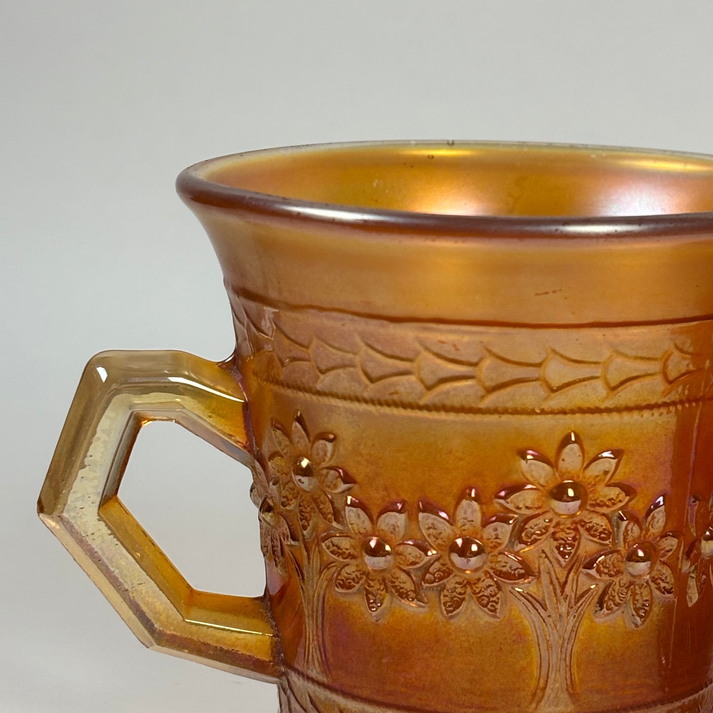 Antique Fenton Orange Tree |⋆˙⟡|Marigold Carnival Glass Mugs Pair, c. 1911–1920s