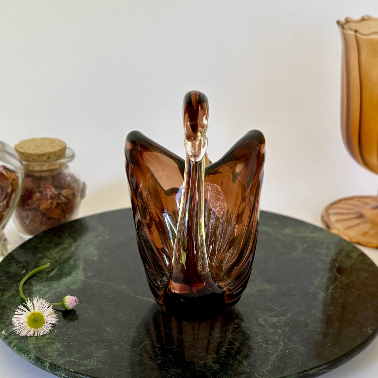 Vintage Amber Glass Swan |⋆˙⟡ |  Mid Century Art Glass Bird Planter / Candy Dish