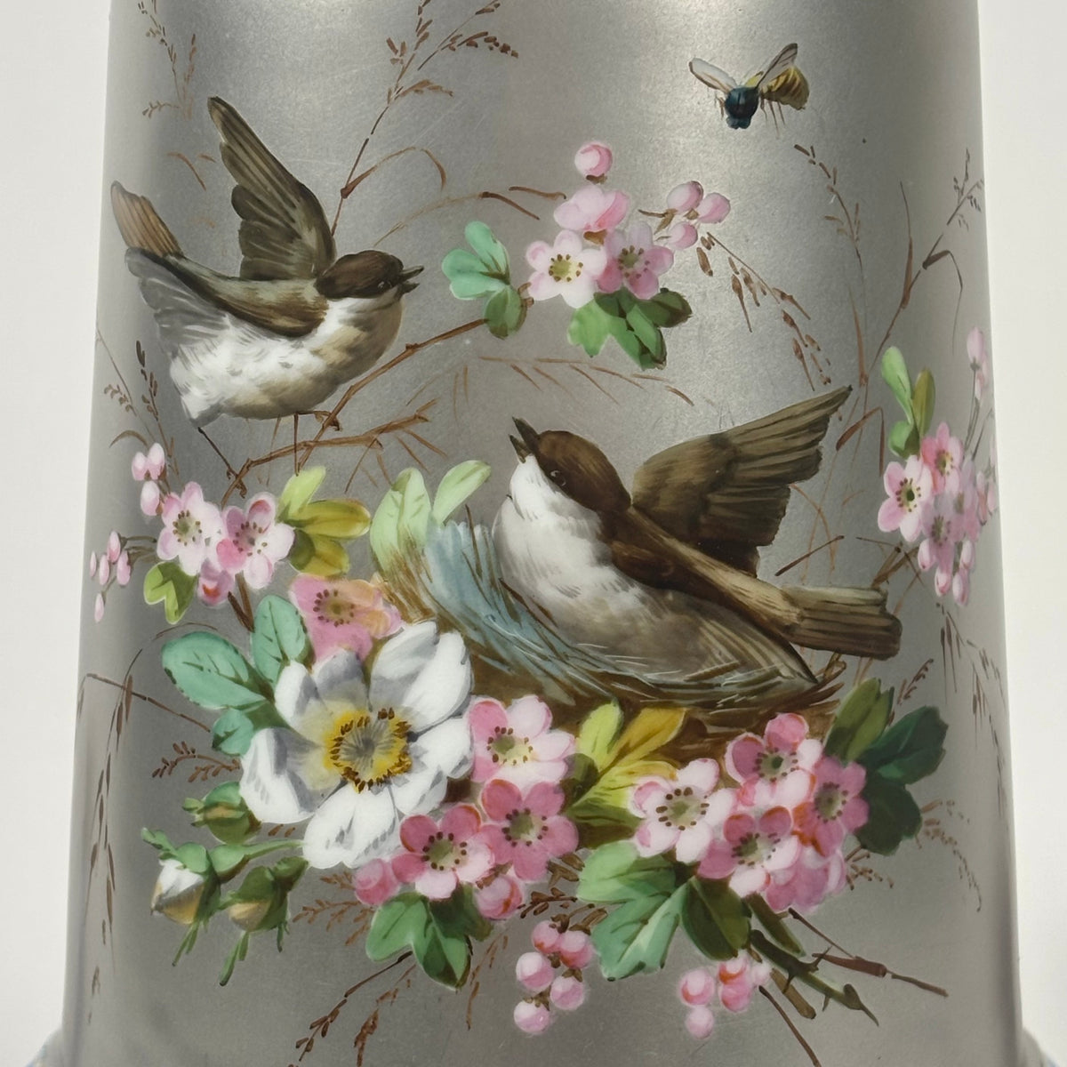 Antique Hand-Painted Bird & Floral Porcelain Vase |⋆˙⟡| Blue & Gold Footed Vase
