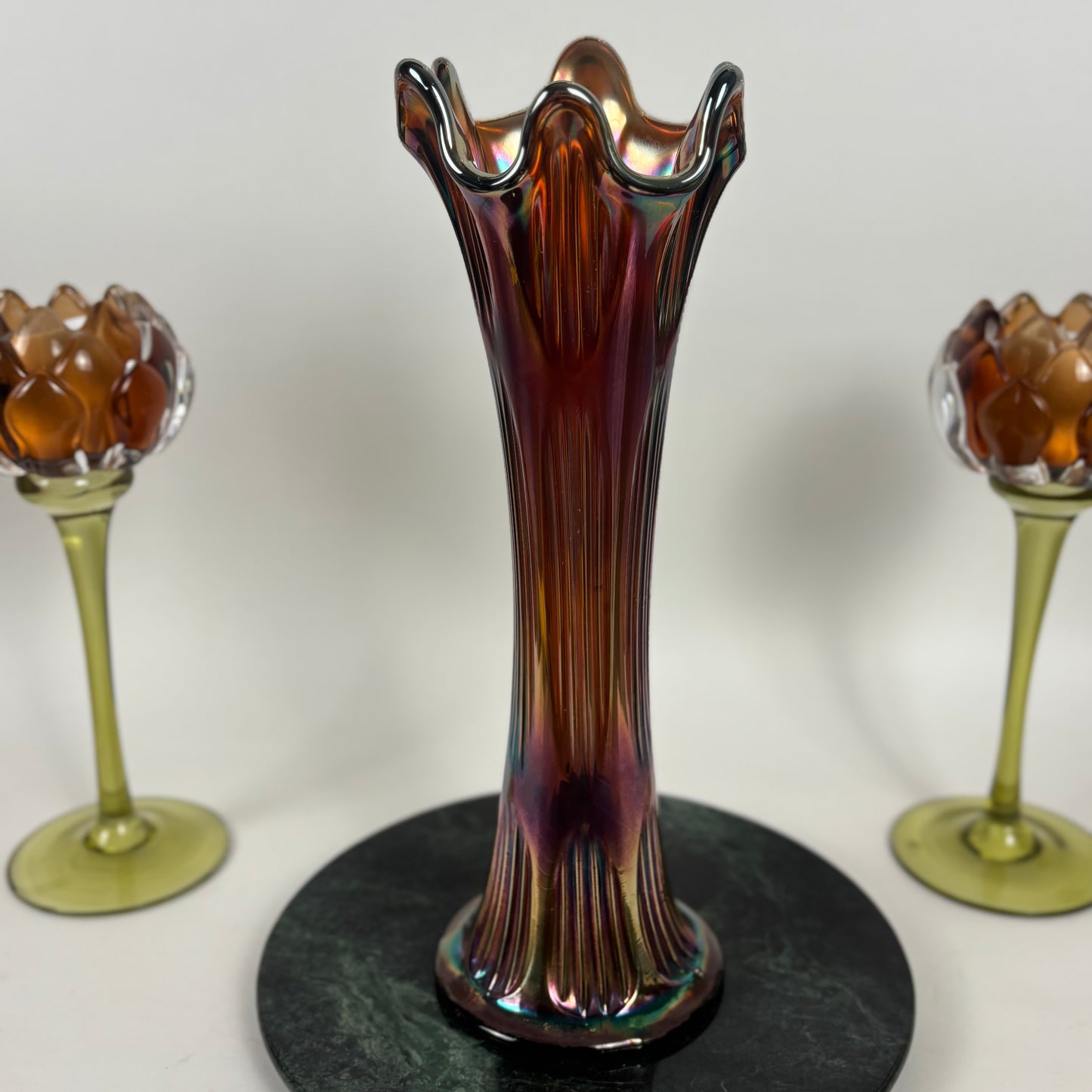 Fenton Amethyst Diamond & Rib Pattern Swung Glass Vase |⋆˙⟡| Iridescent Ribbed Art Glass, Early 20th Century