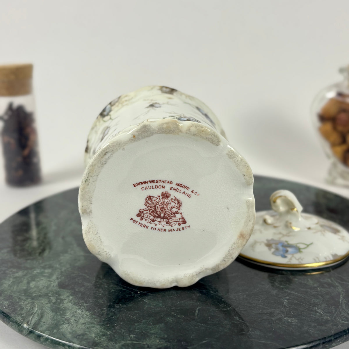 Antique Brown-Westhead, Moore & Co. Cauldon Porcelain Jar |⋆˙⟡| Blue Floral Lidded Vanity Jar