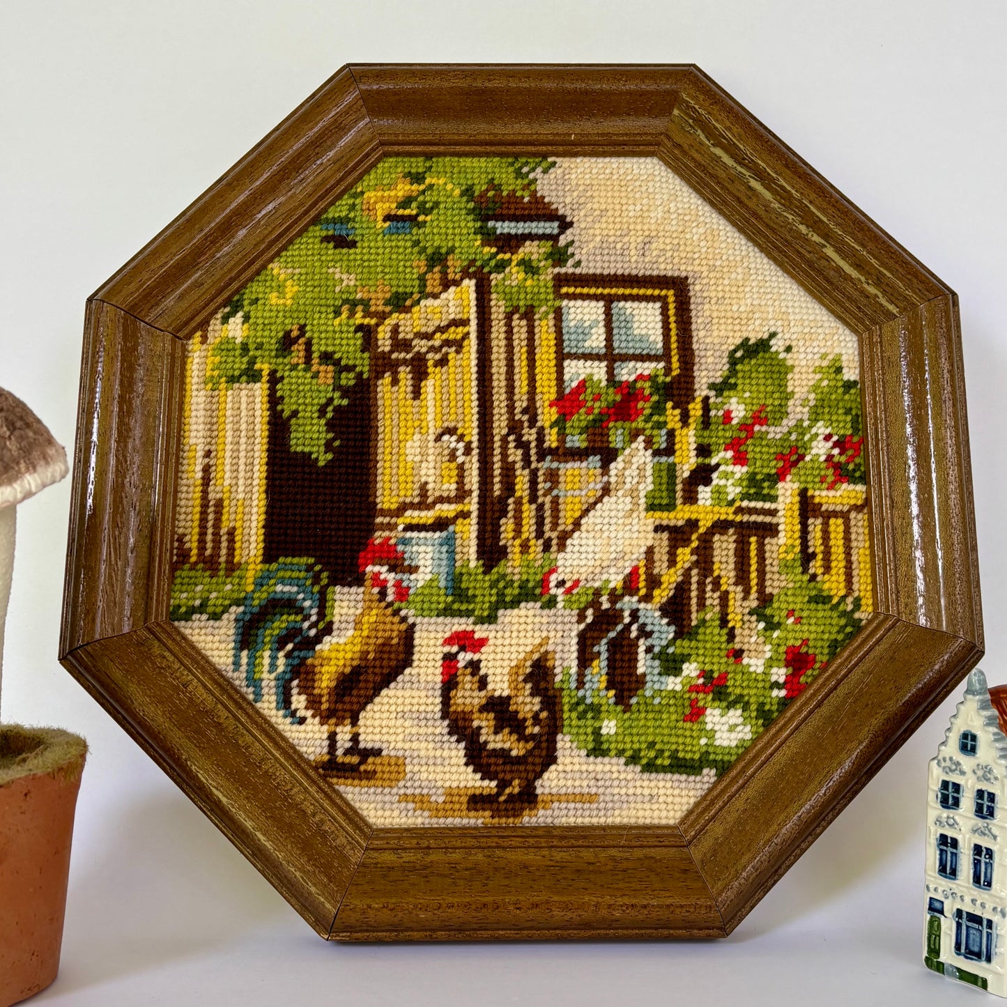 90's Handmade Framed Wall Art Set (2) ⋆˙⟡  Needlepoint Farm Scene + Quilt Block