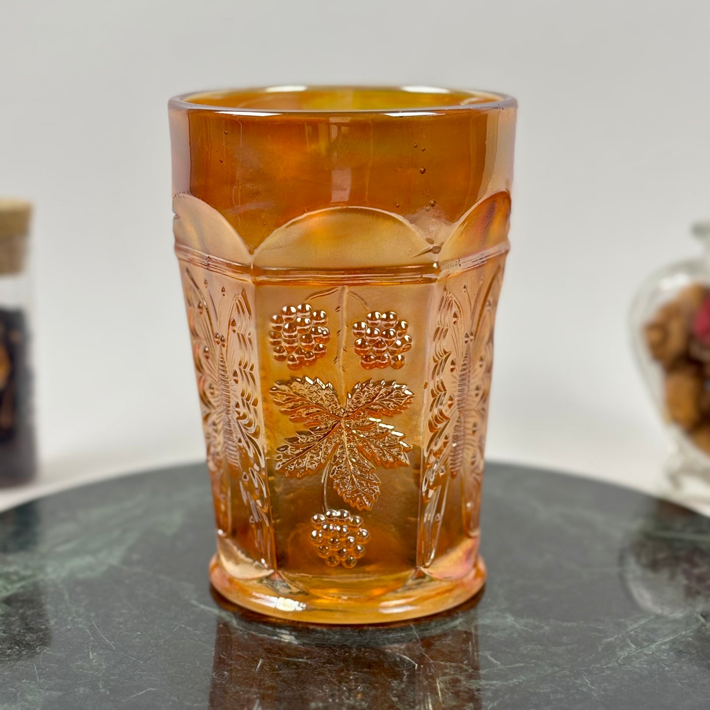 Antique Fenton Butterfly & Berry Marigold Carnival Glass Juice Tumbler |⋆˙⟡| c. 1911