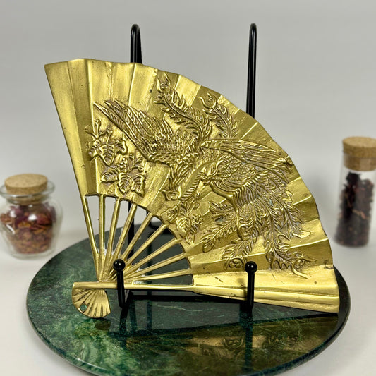Vintage Brass Japanese Fan Wall Hanging |⋆˙⟡| Embossed Phoenix