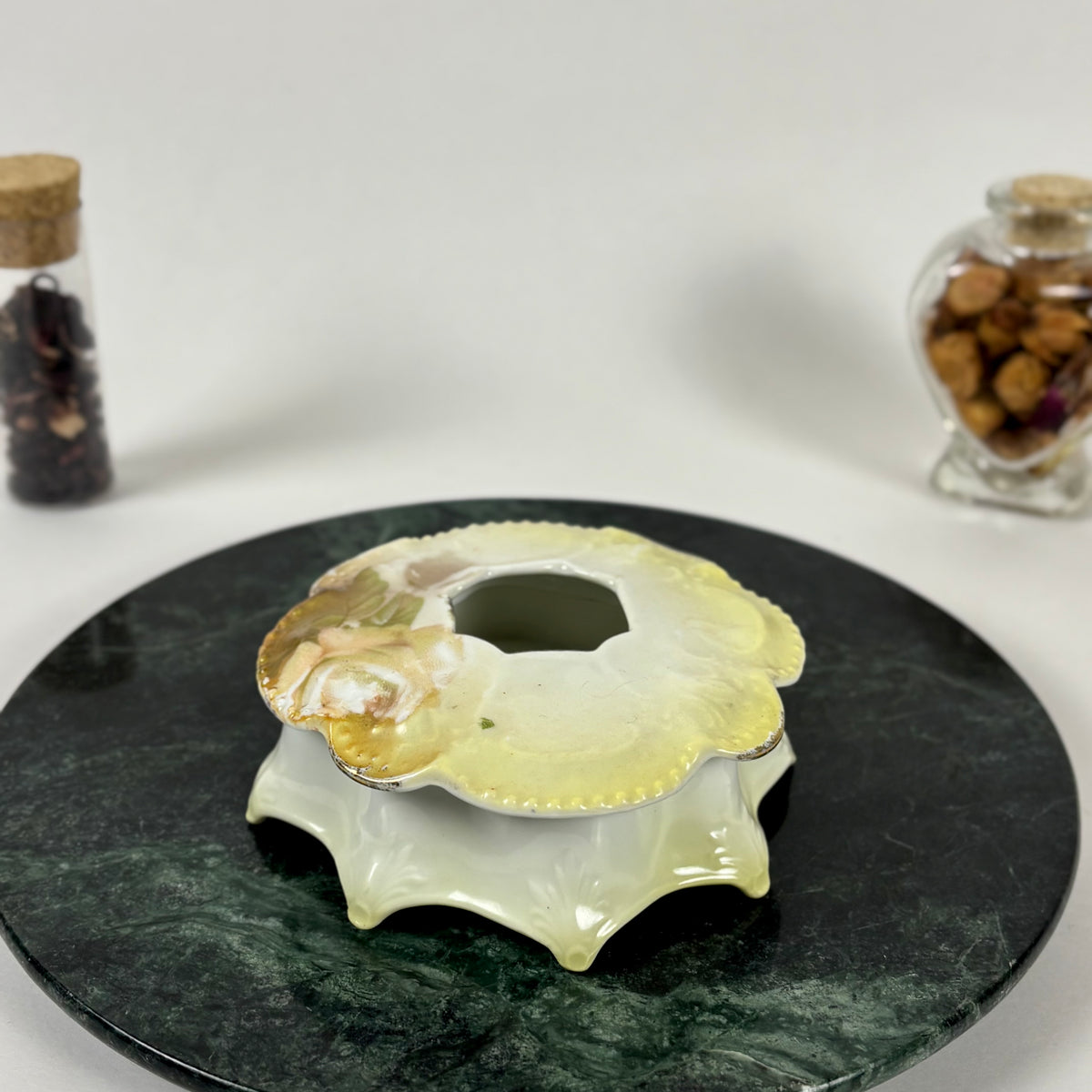 Antique German Porcelain Hair Receiver |⋆˙⟡| Hand Painted Yellow Roses Vanity Dish