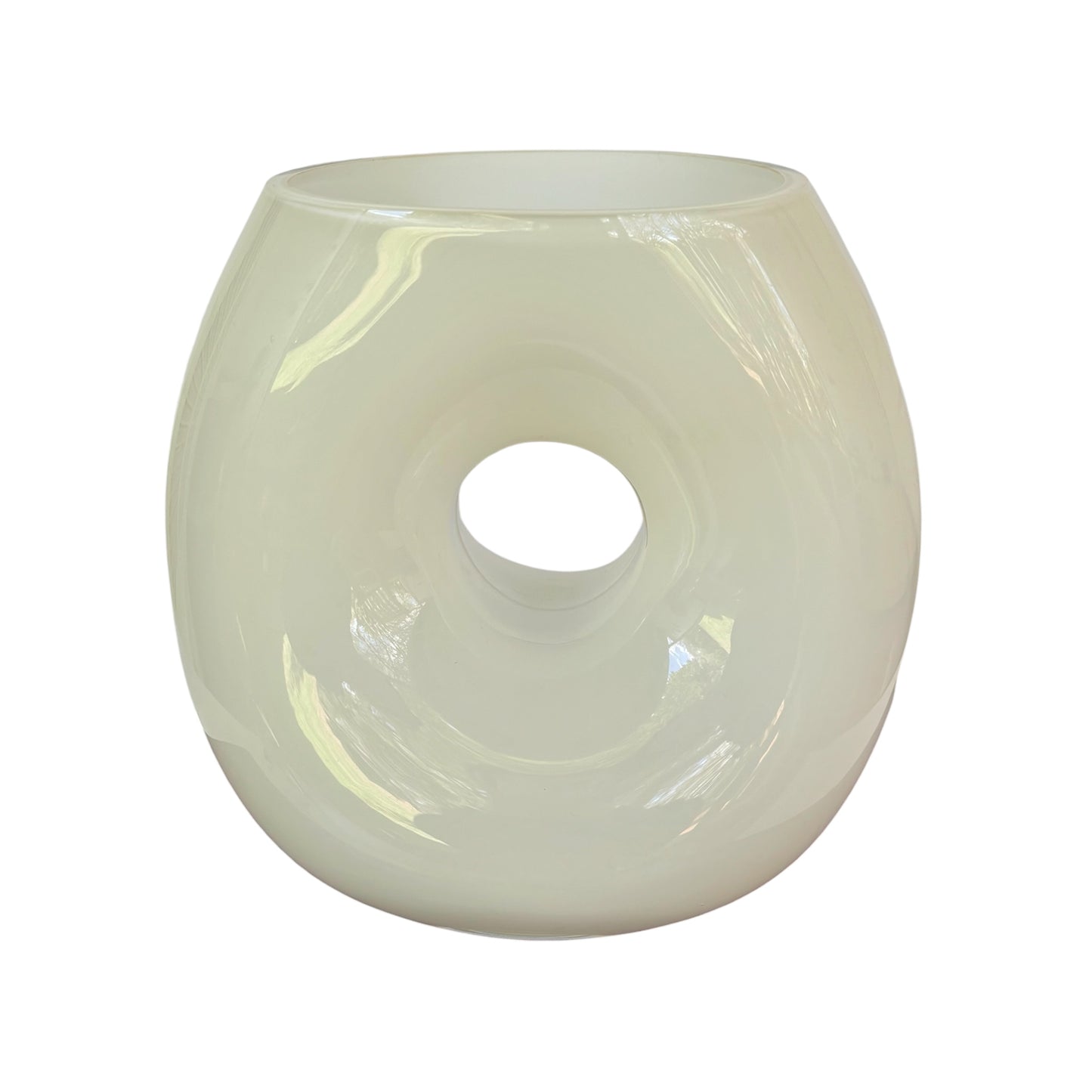 Large White Glass Donut Vase |⋆˙⟡ | Sculptural Hollow Center Art Glass Bowl