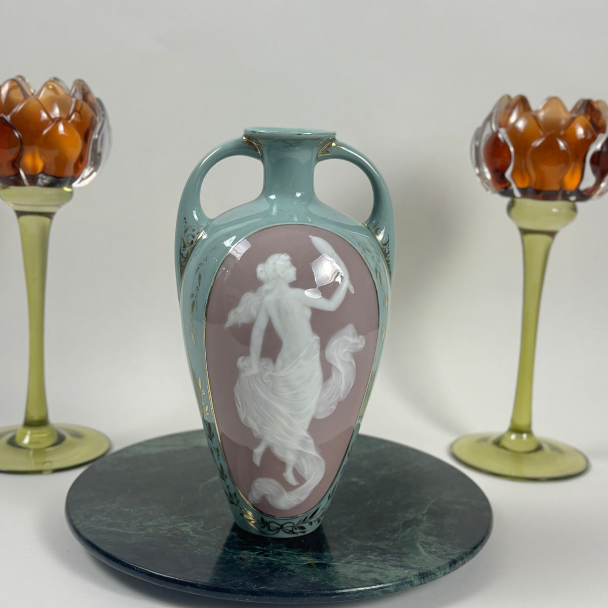 Antique Gebrüder Heubach Porcelain Cameo Vase |⋆˙⟡| Double Handle, Art Nouveau Vase