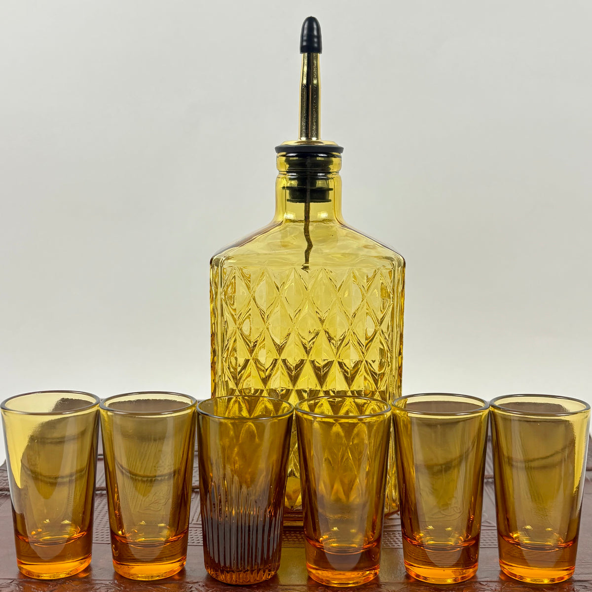 Vintage Japanese Musical Fire Wagon Decanter Set |⋆˙⟡| Amber Glass Barware