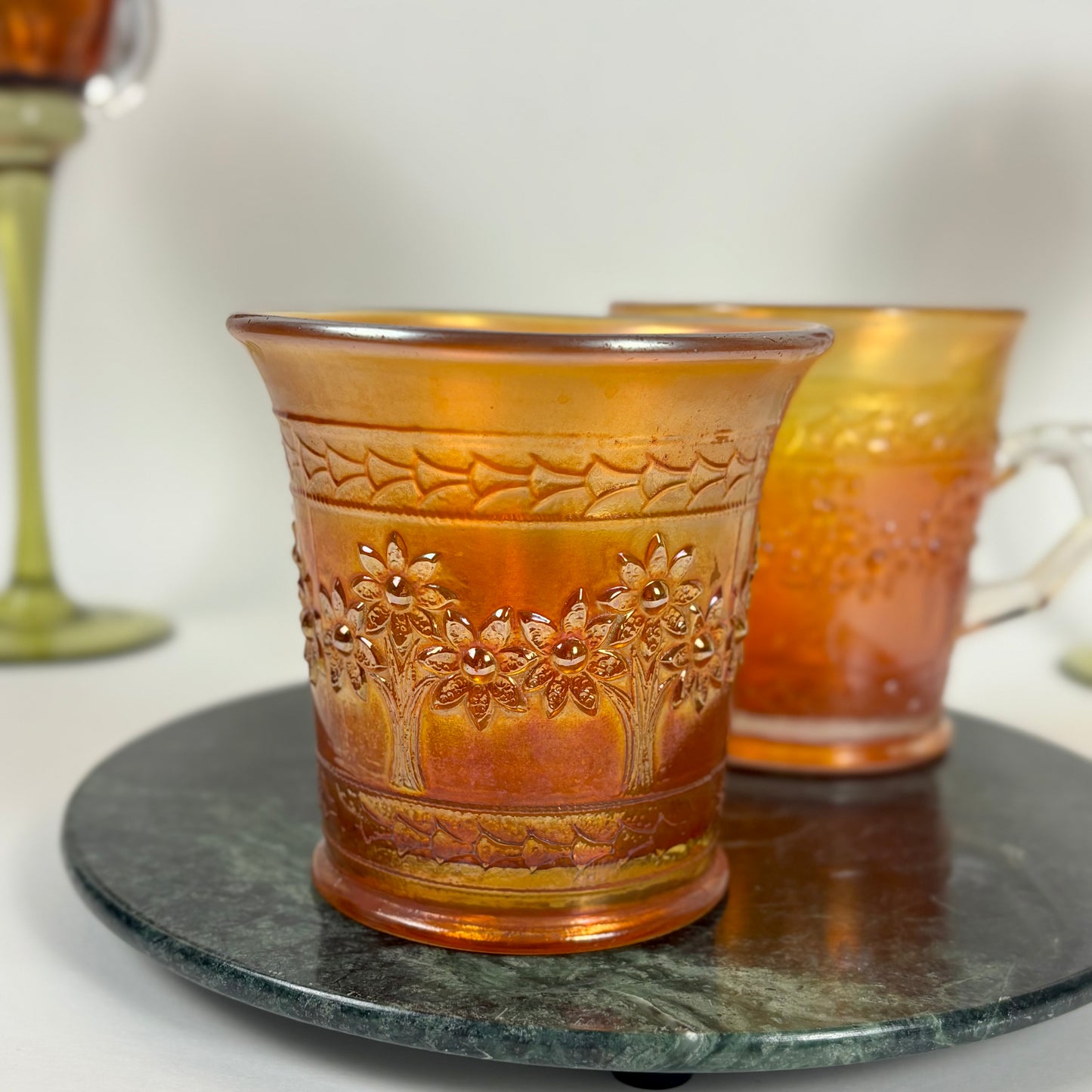 Antique Fenton Orange Tree |⋆˙⟡|Marigold Carnival Glass Mugs Pair, c. 1911–1920s