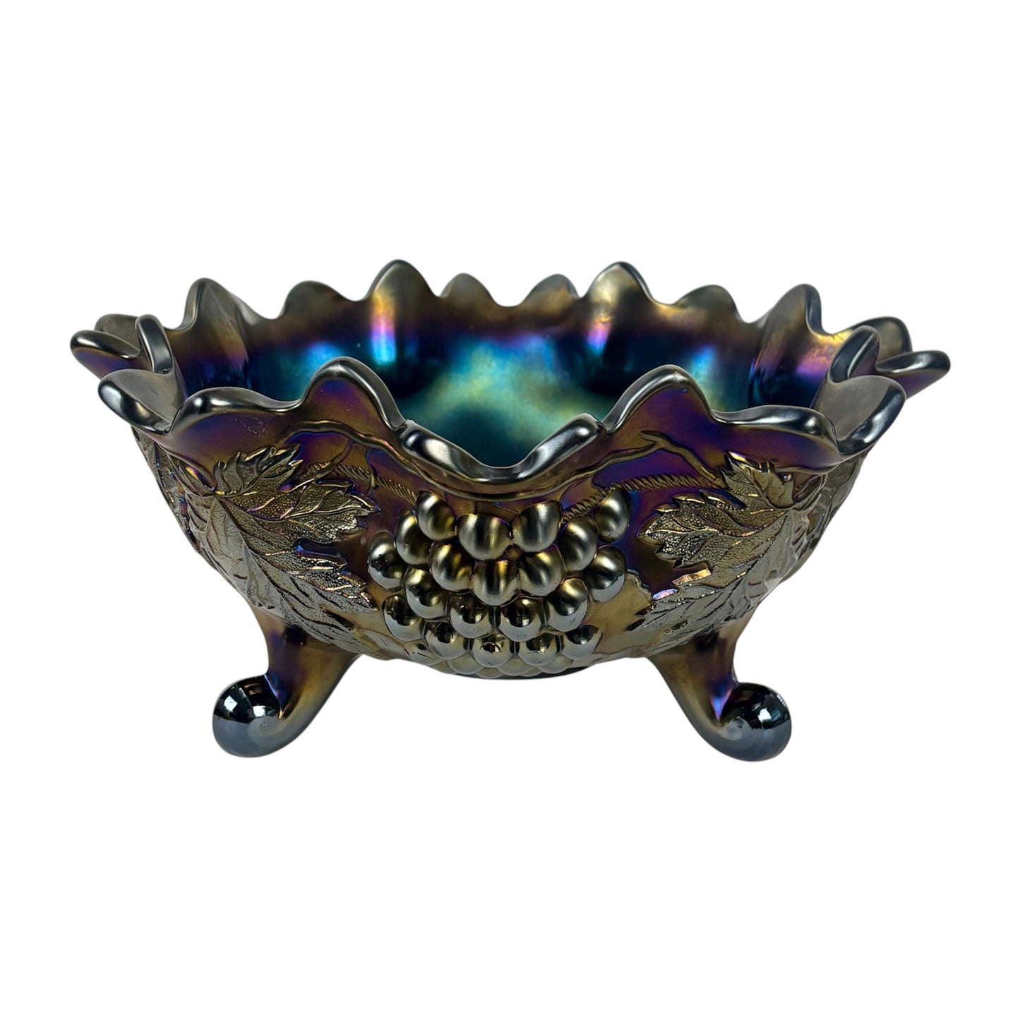 Antique Northwood Grape Cable Amethyst Iridescent Carnival Glass |⋆˙⟡| Footed Centerpiece Bowl, Early 20th-century