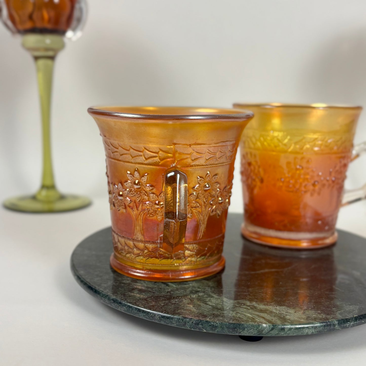 Antique Fenton Orange Tree |⋆˙⟡|Marigold Carnival Glass Mugs Pair, c. 1911–1920s