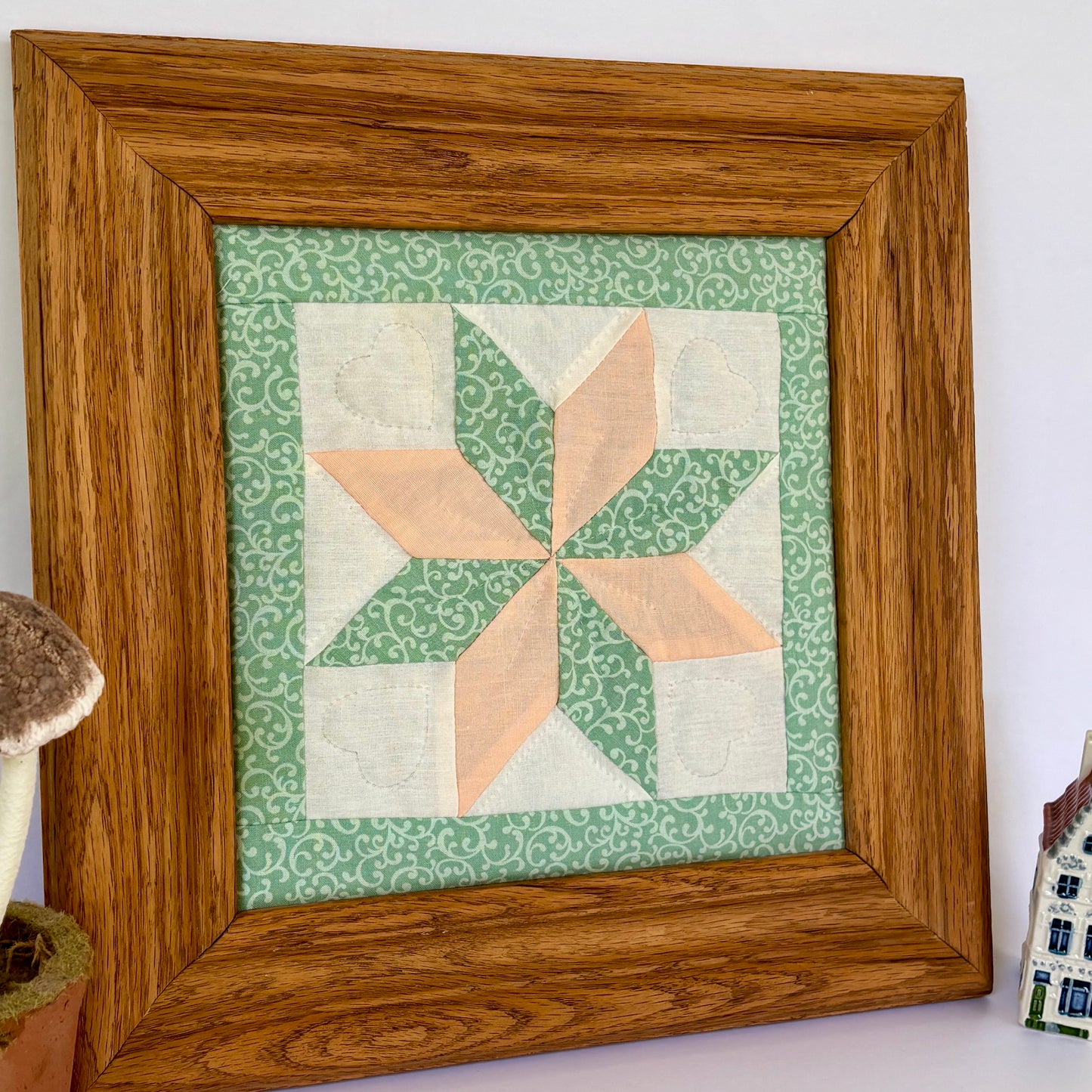 90's Handmade Framed Wall Art Set (2) ⋆˙⟡  Needlepoint Farm Scene + Quilt Block