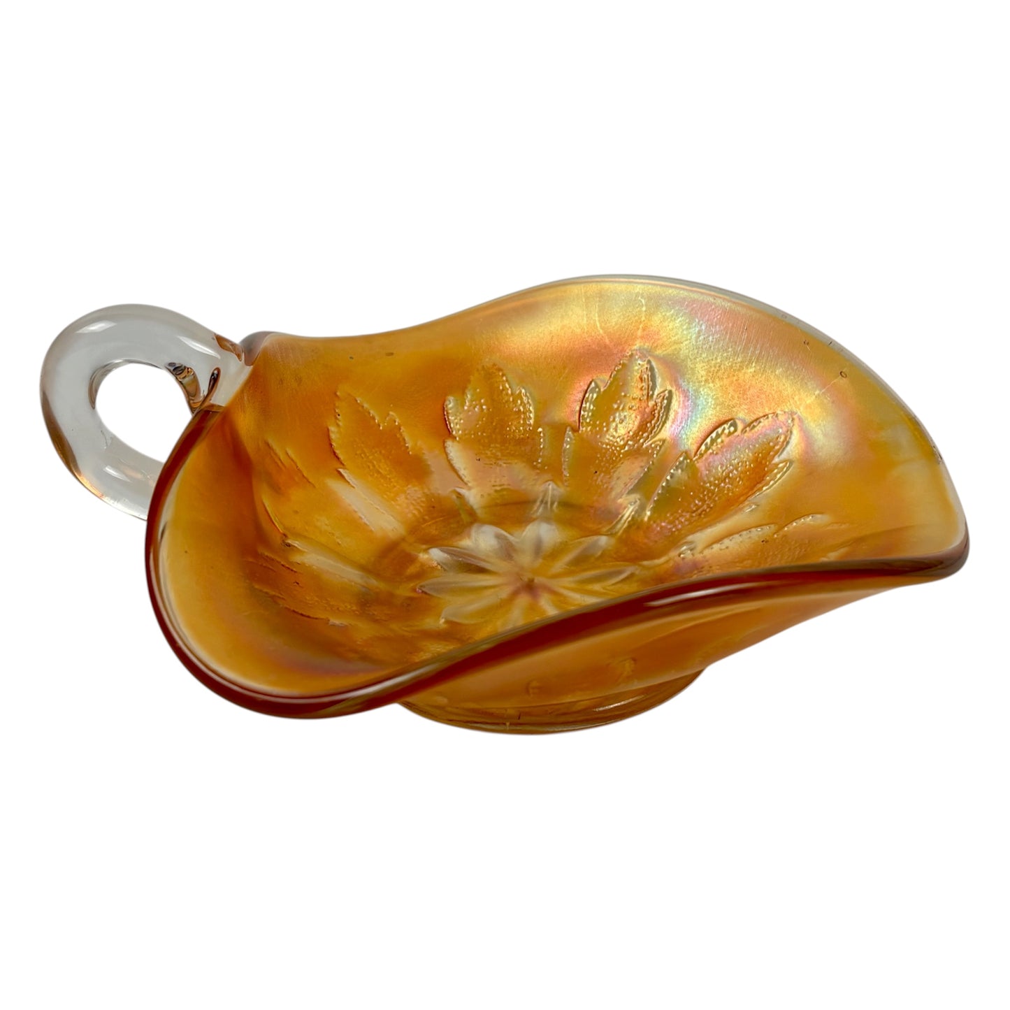 Antique Dugan Glass Leaf Ray Marigold Carnival Glass Nappy Dish |⋆˙⟡| Iridescent Handled Bowl, c. 1910