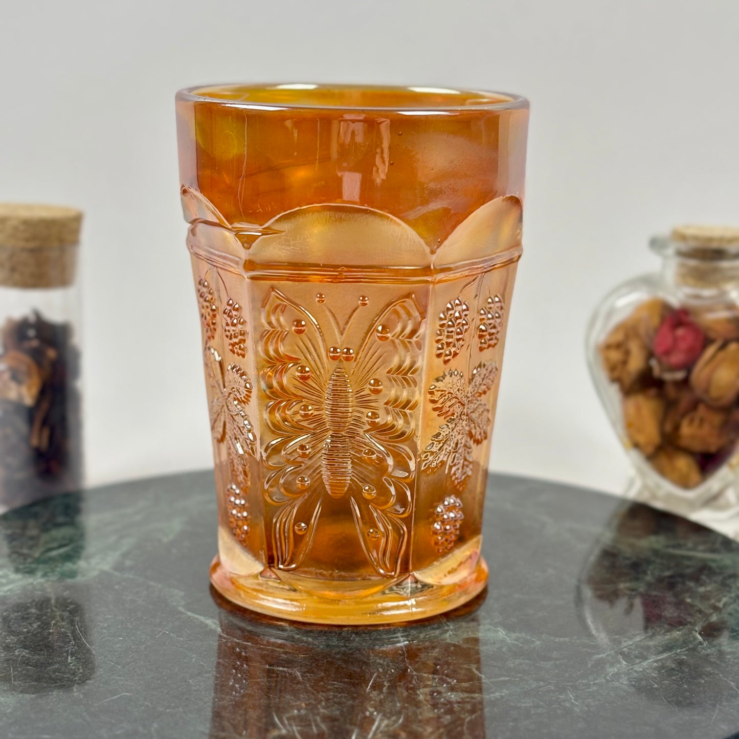 Antique Fenton Butterfly & Berry Marigold Carnival Glass Juice Tumbler |⋆˙⟡| c. 1911