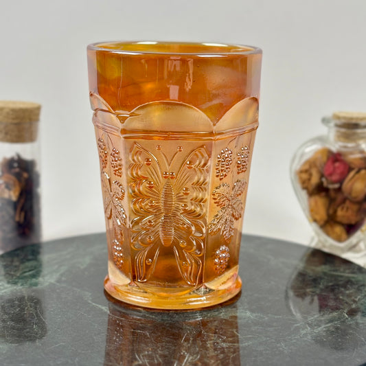 Antique Fenton Butterfly & Berry Marigold Carnival Glass Juice Tumbler |⋆˙⟡| c. 1911