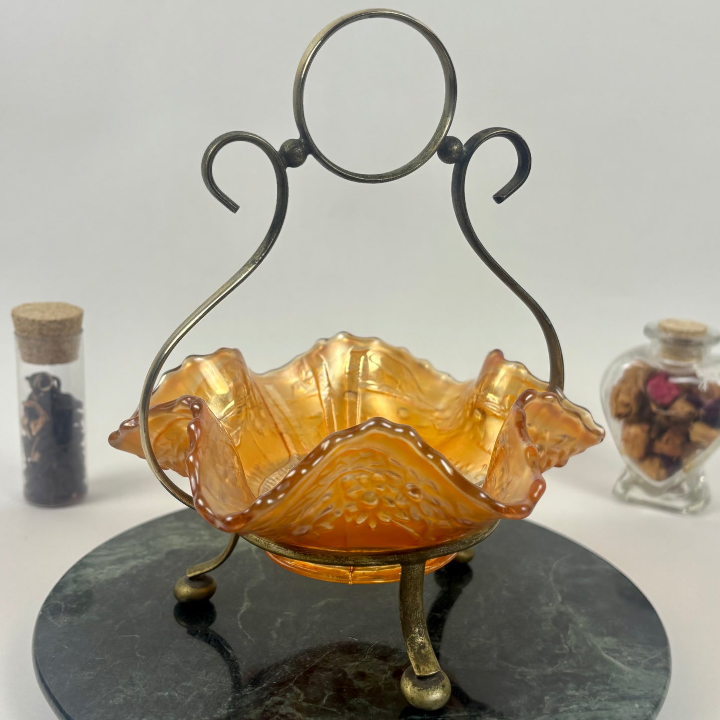 Antique Fenton Sailboats Marigold Carnival Glass Bowl |⋆˙⟡| with Brass Stand, c. Early 1900s