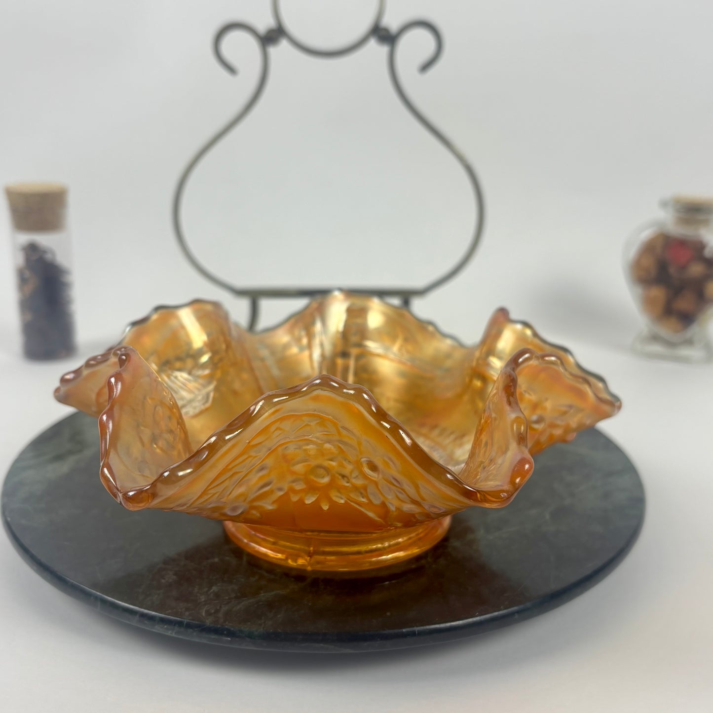 Antique Fenton Sailboats Marigold Carnival Glass Bowl |⋆˙⟡| with Brass Stand, c. Early 1900s