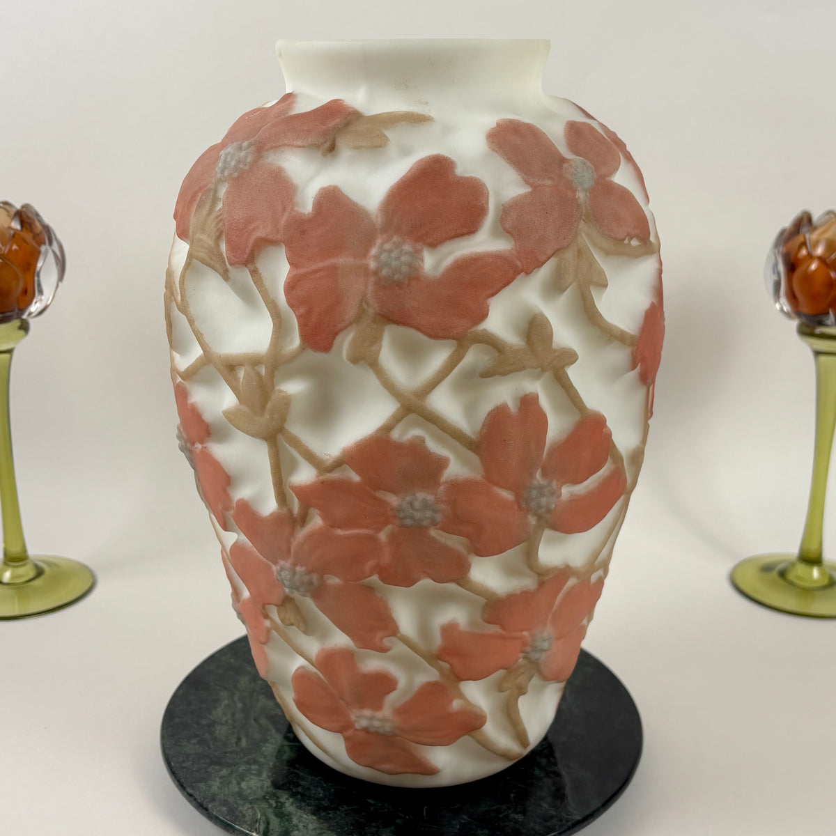 Antique 1920s Consolidated Glass Dogwood Vase |⋆˙⟡| Original Label, Coral Pink Martele Art Glass