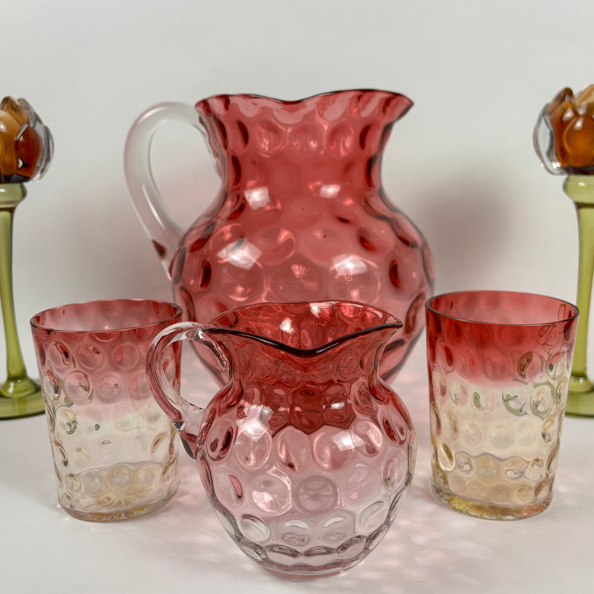 Antique Cranberry & Rubina Coin Dot, Spot Optic Glass |⋆˙⟡| Pitcher & Tumbler Set