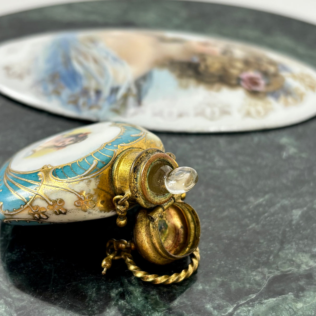 Antique Victorian Lady Portrait Porcelain Trinket Dish & Perfume Bottle Set |⋆˙⟡| Gold Gilt Vanity Decor