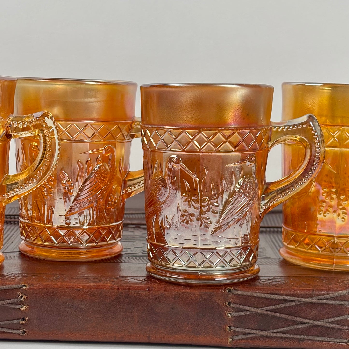 Antique Dugan Stork & Rushes Carnival Glass Mugs – Set of 4 |⋆˙⟡| Circa 1910