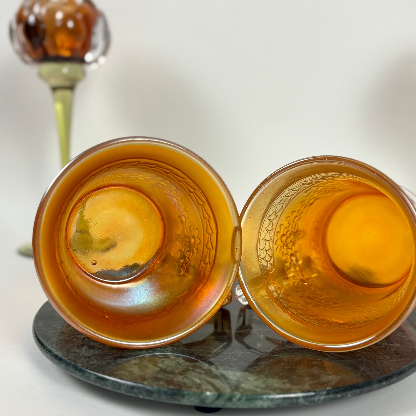 Antique Fenton Orange Tree |⋆˙⟡|Marigold Carnival Glass Mugs Pair, c. 1911–1920s