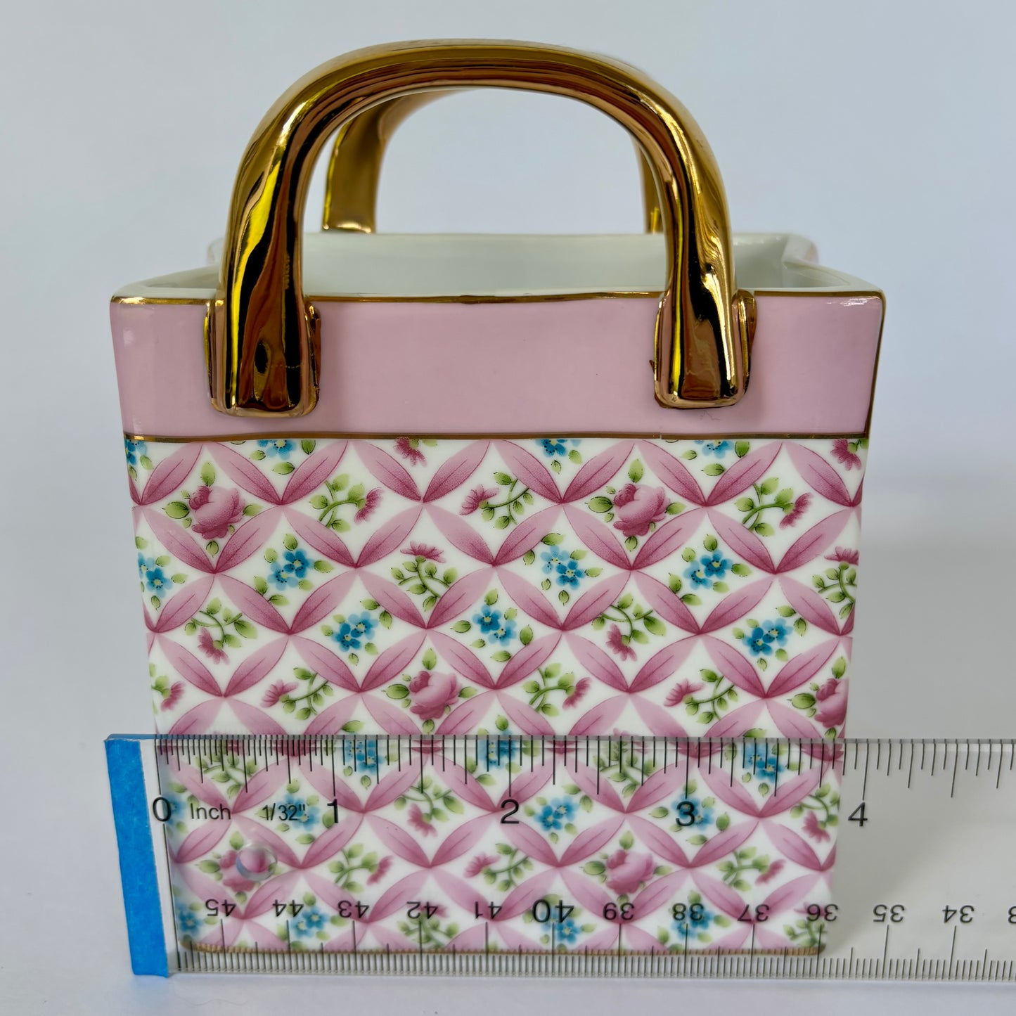 Porcelain Purse Planter / Vase |⋆˙⟡ | Pink Floral Lattice Gold Handle Vanity Decor