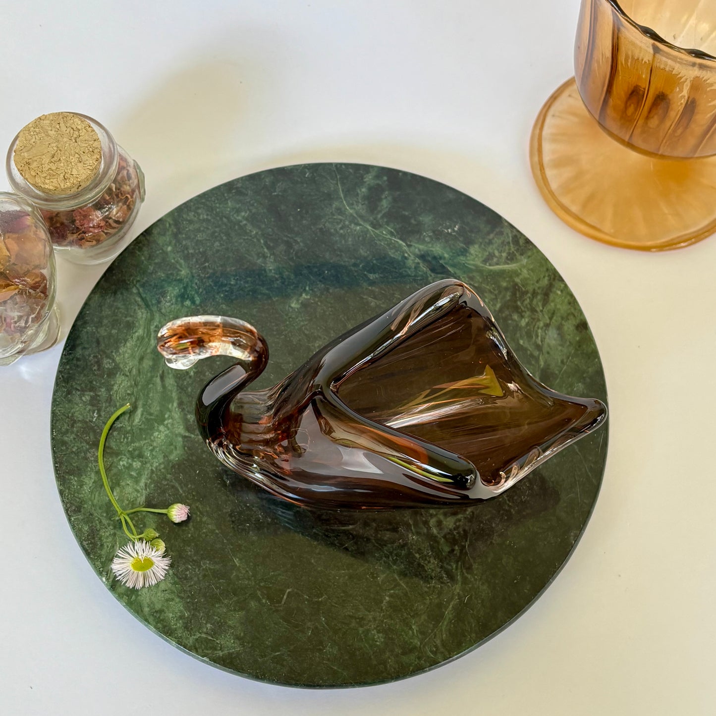 Vintage Amber Glass Swan |⋆˙⟡ |  Mid Century Art Glass Bird Planter / Candy Dish