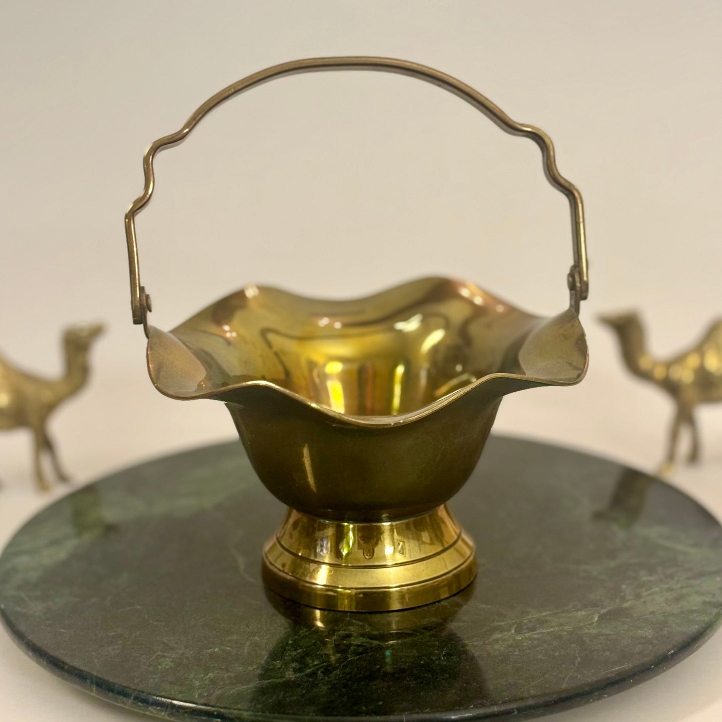 Vintage Interpur Brass Basket Bowl  |⋆˙⟡ |  Scalloped Pedestal Dish with Handle / Made in Taiwan