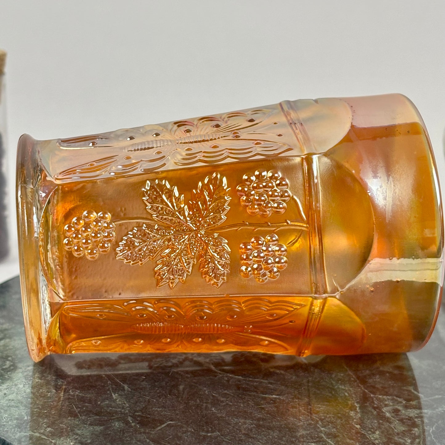 Antique Fenton Butterfly & Berry Marigold Carnival Glass Juice Tumbler |⋆˙⟡| c. 1911