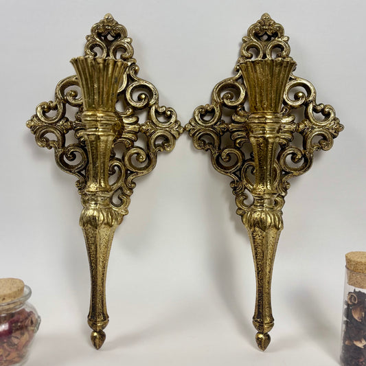 Pair of Vintage Ornate Gold Metal Wall Candle Sconces |⋆˙⟡| Hollywood Regency Scrollwork Candle Holders