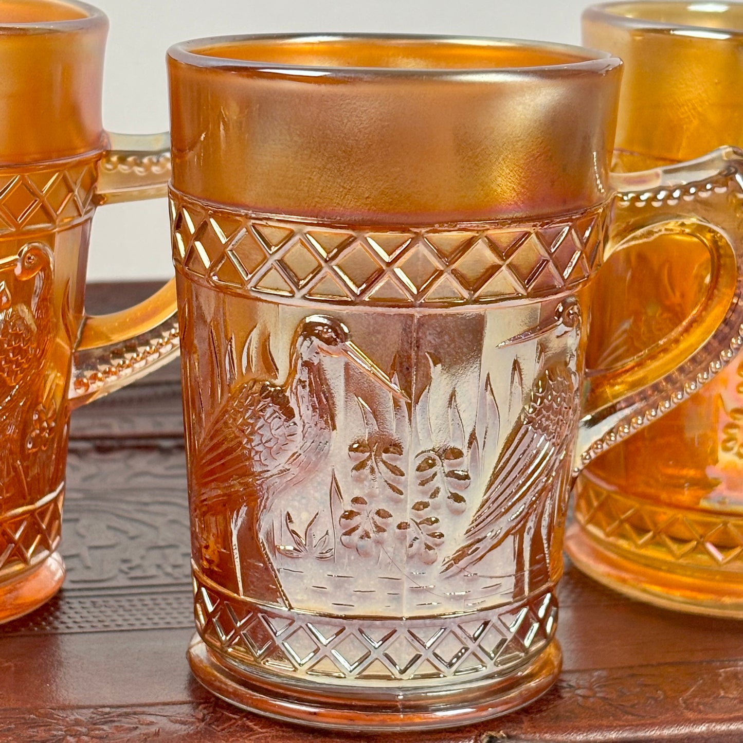 Antique Dugan Stork & Rushes Carnival Glass Mugs – Set of 4 |⋆˙⟡| Circa 1910
