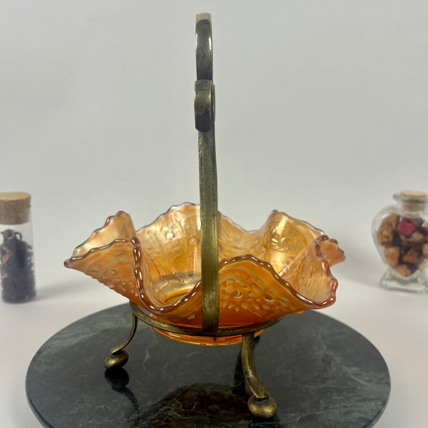 Antique Fenton Sailboats Marigold Carnival Glass Bowl |⋆˙⟡| with Brass Stand, c. Early 1900s