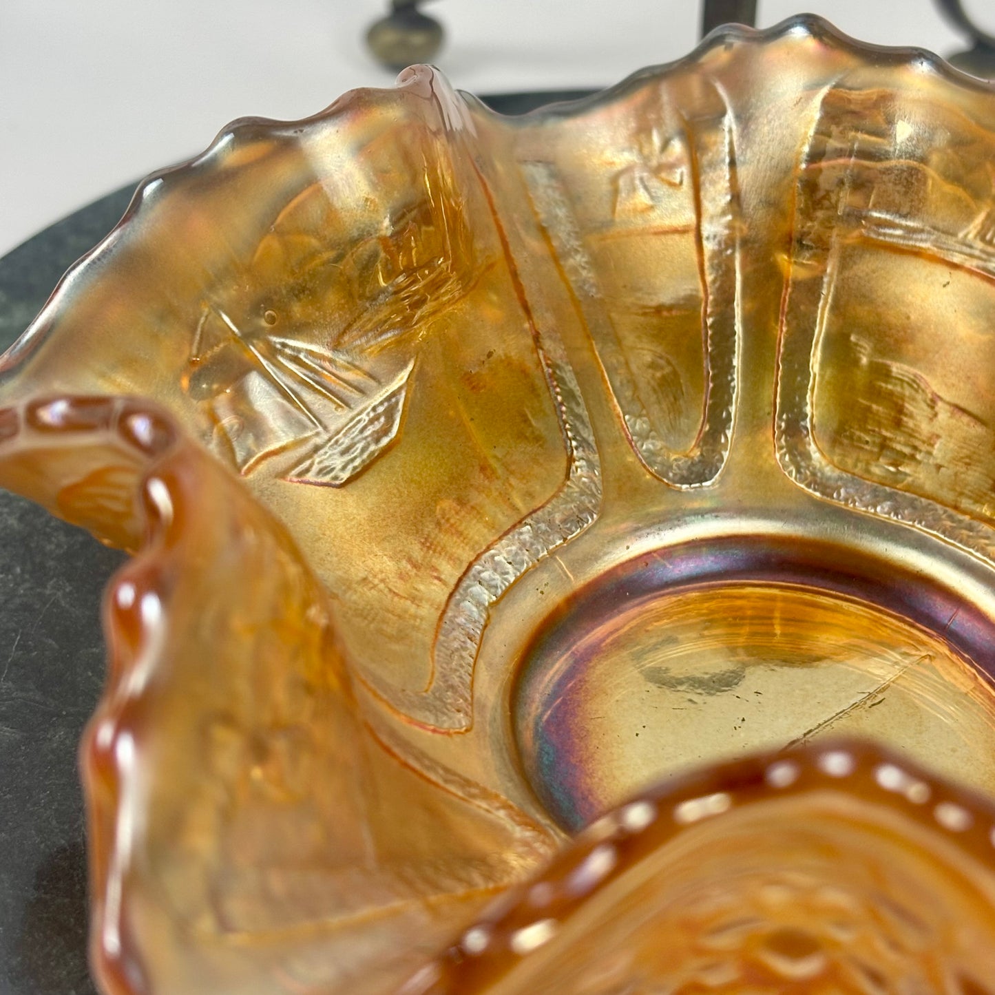 Antique Fenton Sailboats Marigold Carnival Glass Bowl |⋆˙⟡| with Brass Stand, c. Early 1900s
