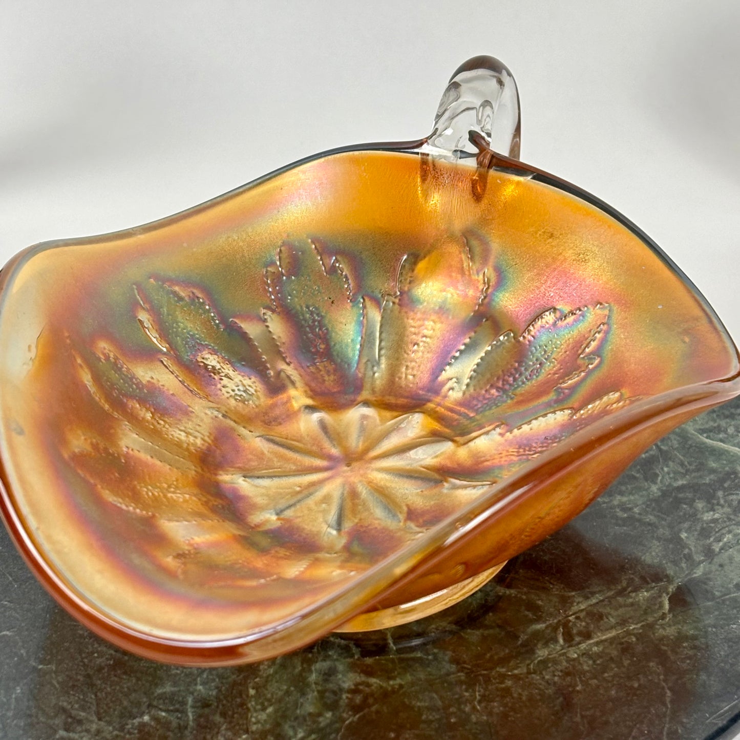 Antique Dugan Glass Leaf Ray Marigold Carnival Glass Nappy Dish |⋆˙⟡| Iridescent Handled Bowl, c. 1910