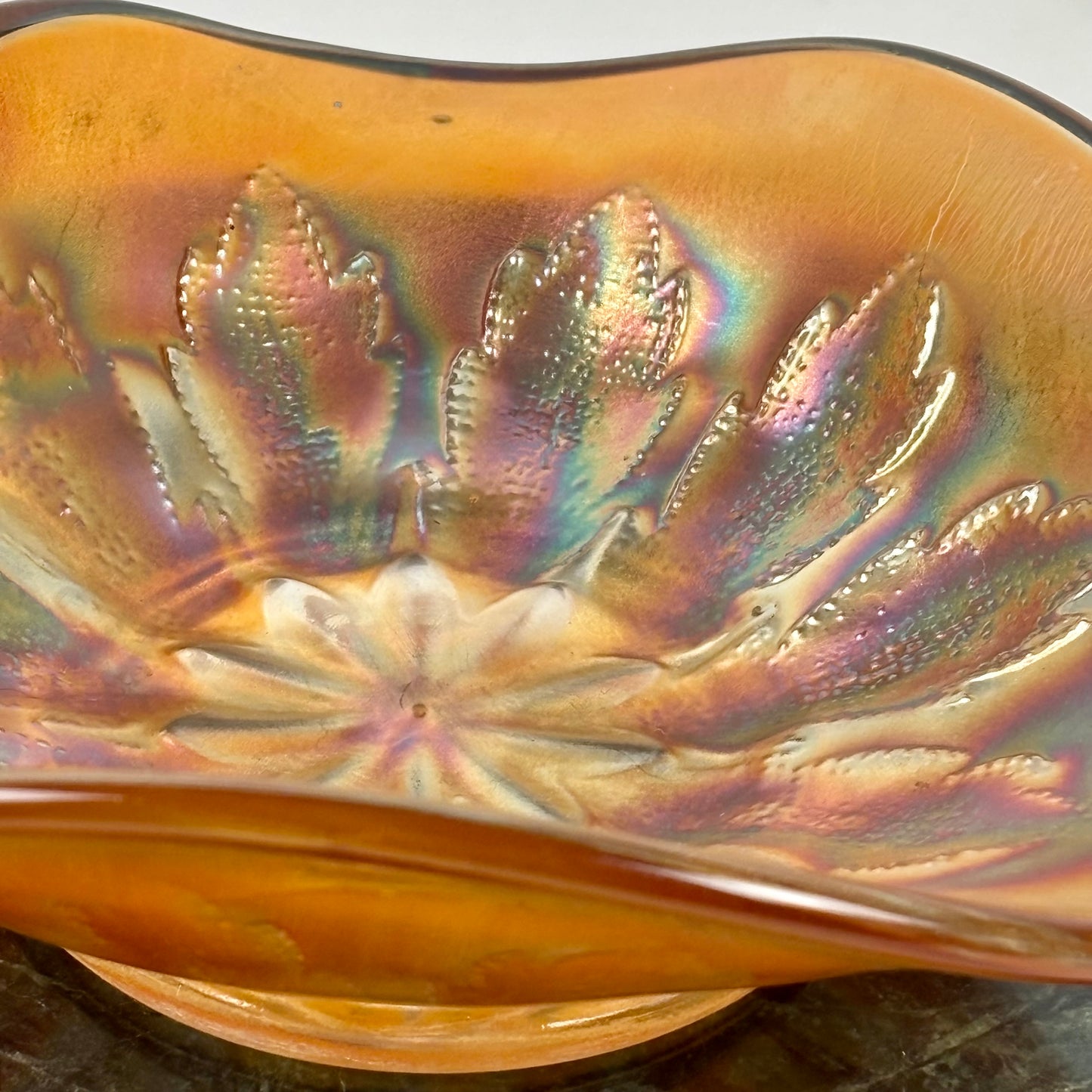 Antique Dugan Glass Leaf Ray Marigold Carnival Glass Nappy Dish |⋆˙⟡| Iridescent Handled Bowl, c. 1910