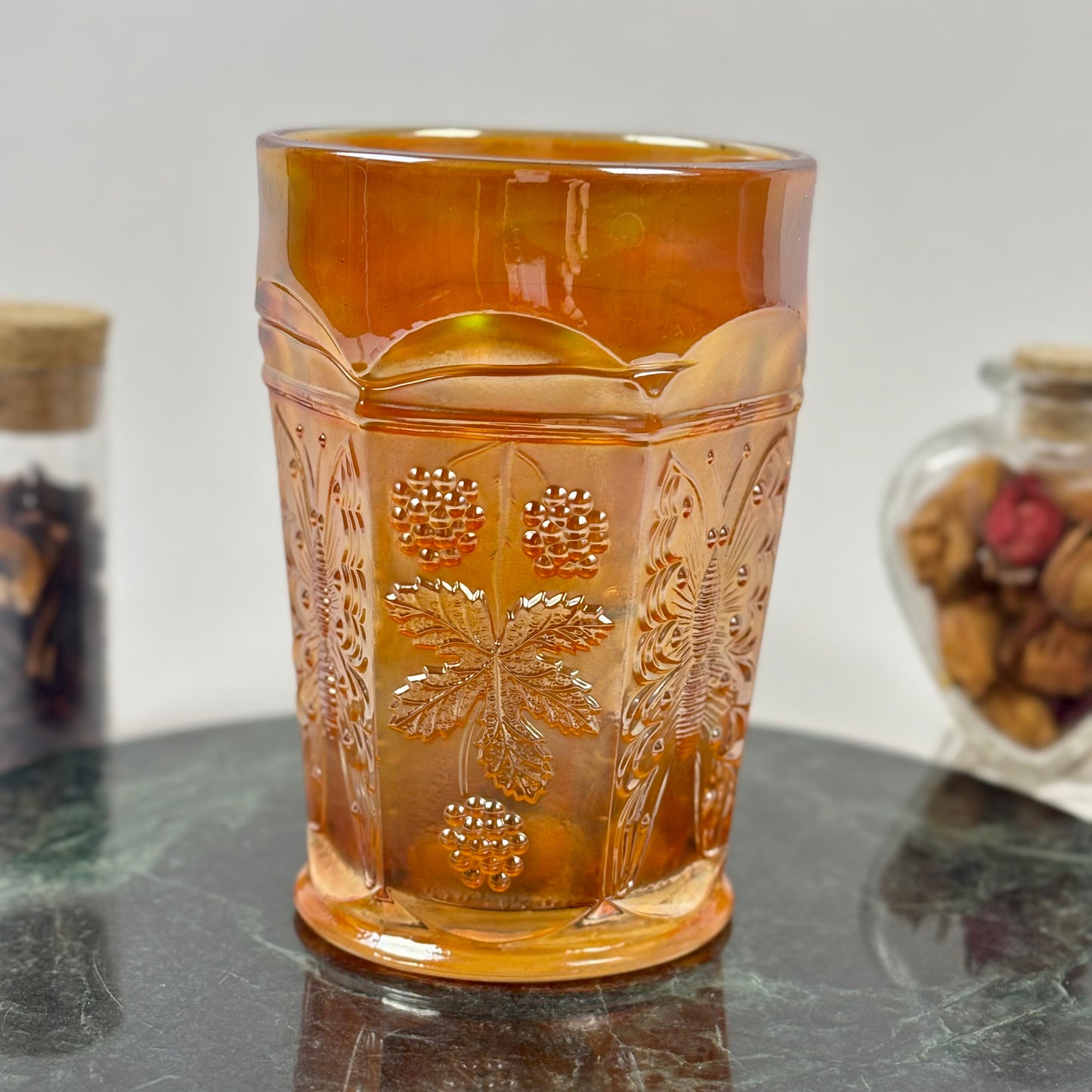 Antique Fenton Butterfly & Berry Marigold Carnival Glass Juice Tumbler |⋆˙⟡| c. 1911