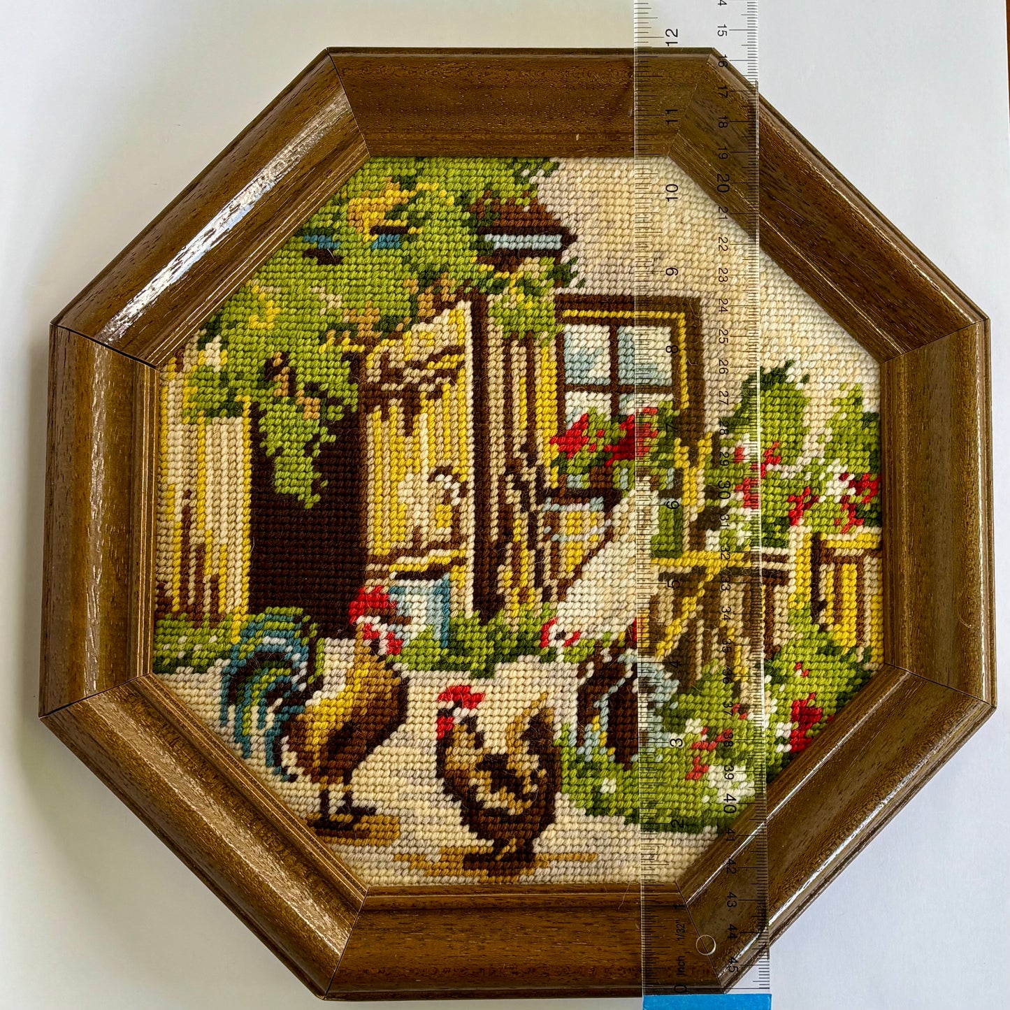 90's Handmade Framed Wall Art Set (2) ⋆˙⟡  Needlepoint Farm Scene + Quilt Block
