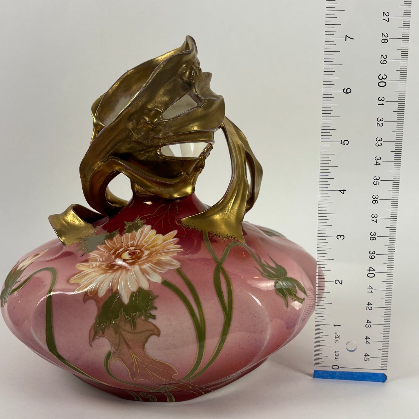 Vintage Art Nouveau Hand-Painted Pink Floral |⋆˙⟡| Porcelain Vase with Gilt Handles