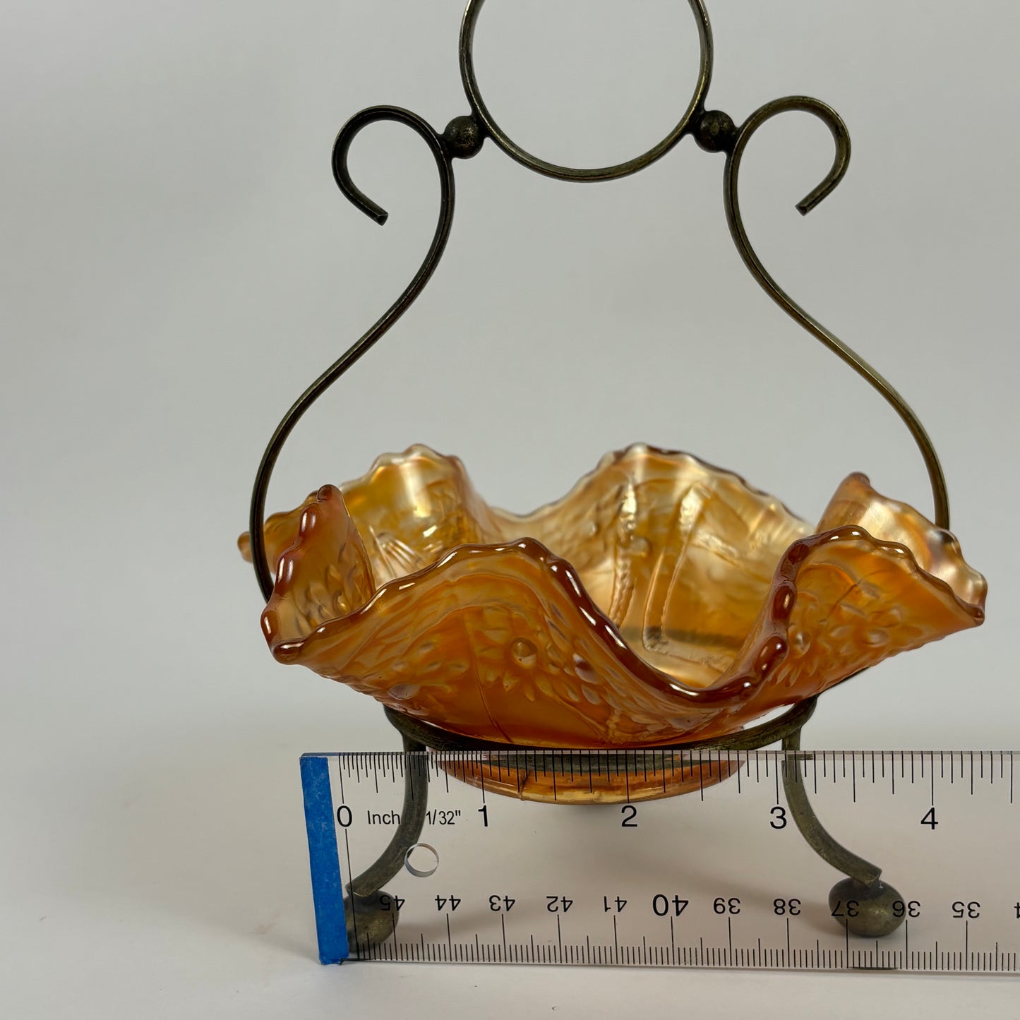 Antique Fenton Sailboats Marigold Carnival Glass Bowl |⋆˙⟡| with Brass Stand, c. Early 1900s