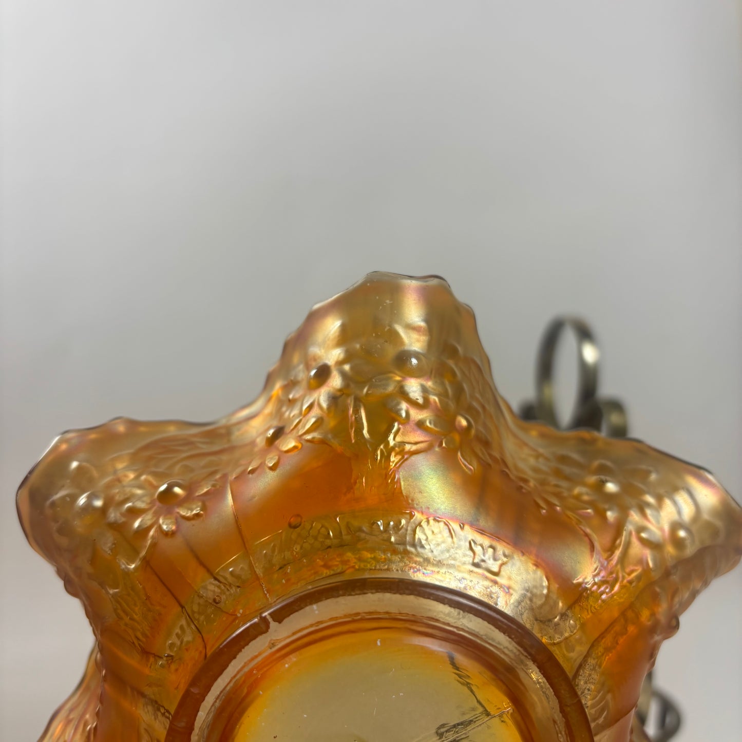 Antique Fenton Sailboats Marigold Carnival Glass Bowl |⋆˙⟡| with Brass Stand, c. Early 1900s
