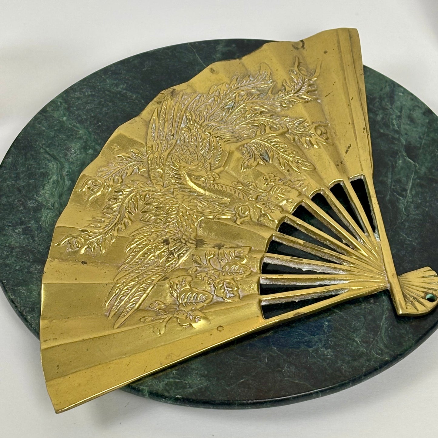 Vintage Brass Japanese Fan Wall Hanging |⋆˙⟡| Embossed Phoenix