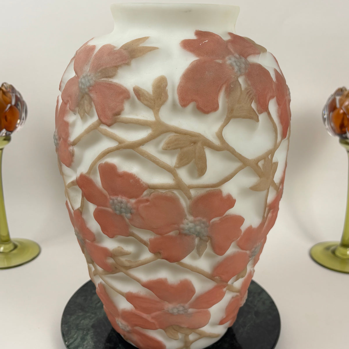 Antique 1920s Consolidated Glass Dogwood Vase |⋆˙⟡| Original Label, Coral Pink Martele Art Glass