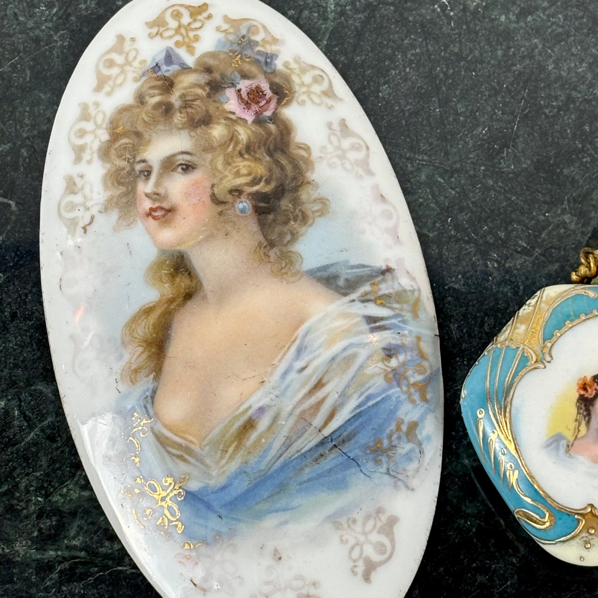 Antique Victorian Lady Portrait Porcelain Trinket Dish & Perfume Bottle Set |⋆˙⟡| Gold Gilt Vanity Decor