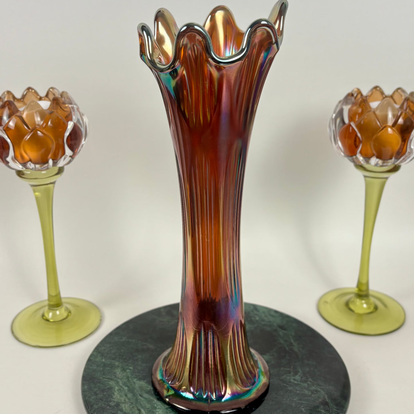 Fenton Amethyst Diamond & Rib Pattern Swung Glass Vase |⋆˙⟡| Iridescent Ribbed Art Glass, Early 20th Century